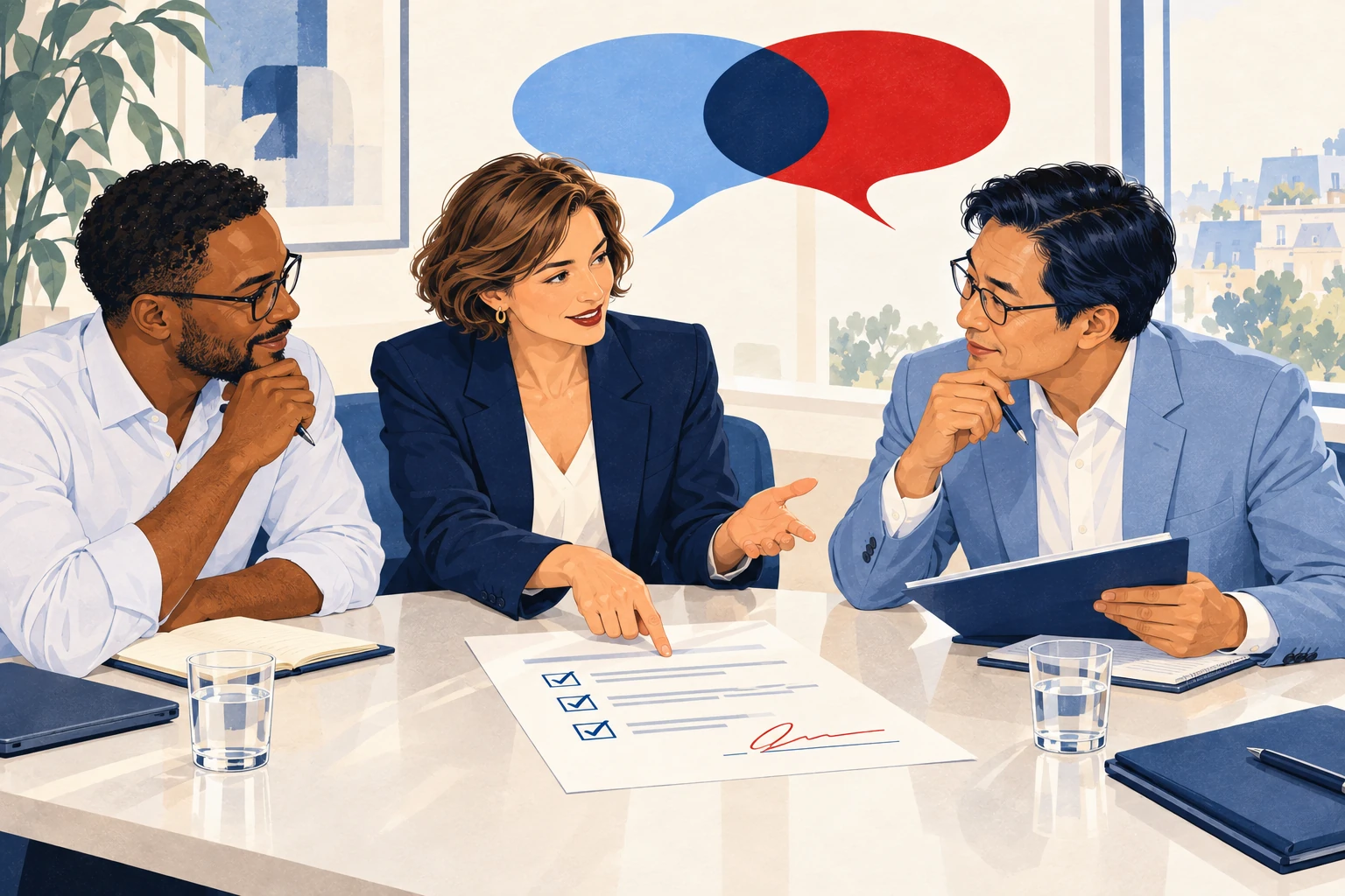 Trois professionnels discutant d’un document comportant une liste de contrôle et une ligne de signature, avec des bulles de dialogue bleue et rouge qui se chevauchent derrière eux