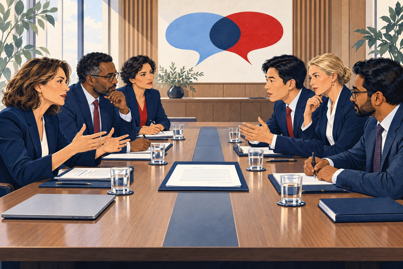 Deux délégations face à face autour d’une longue table de réunion, en pleine discussion, avec des bulles de dialogue bleue et rouge qui se chevauchent sur le mur